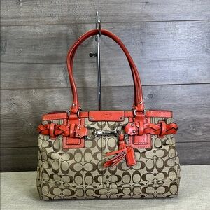 COACH HAMPTON F13068 KHAKI SIGNATURE BRAIDED ORANGE LEATHER TOTE BAG CARRYALL